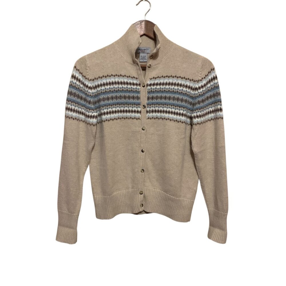 VTG Eddie‎ Bauer Women's Cardigan Angora Fair Isle Beige Blue Sz M Cottagecore